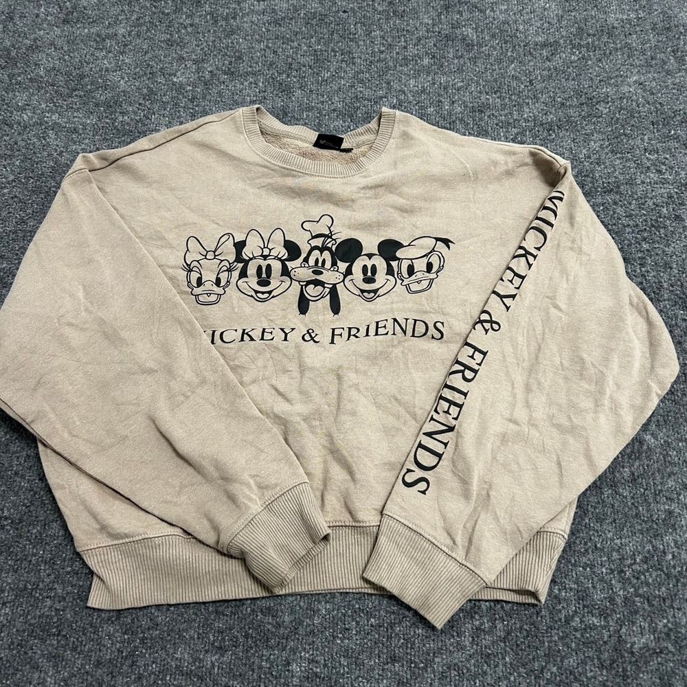 Disney Sweatshirt Womens Size XS Tan Mickey & Friends Graphic Cropped Pullover